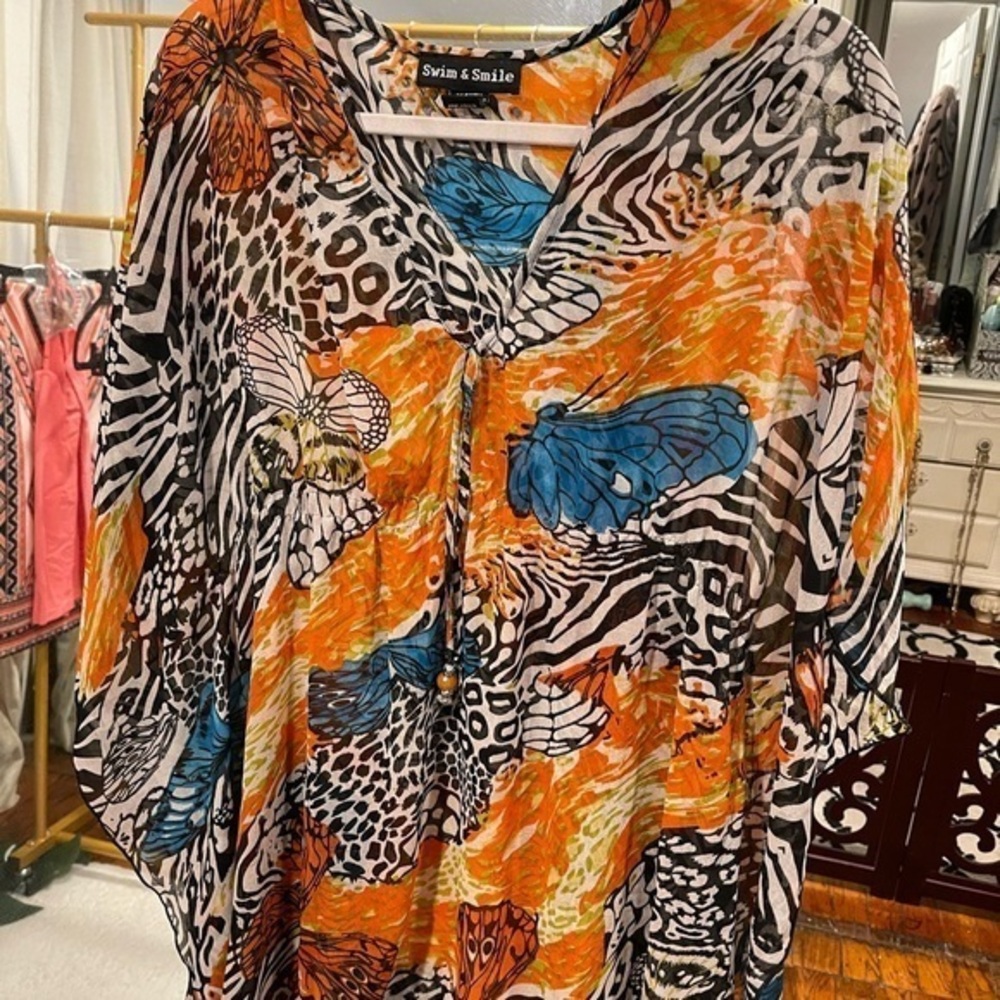 Exquisite beach, cover-up, zebra print with butterflies, orange blue green